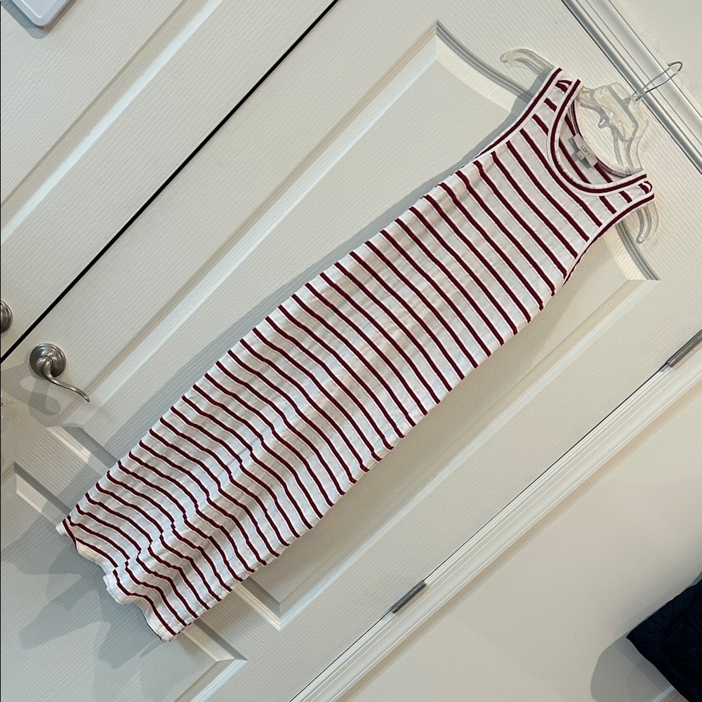LOFT Red and White Striped Sleeveless Midi Dress